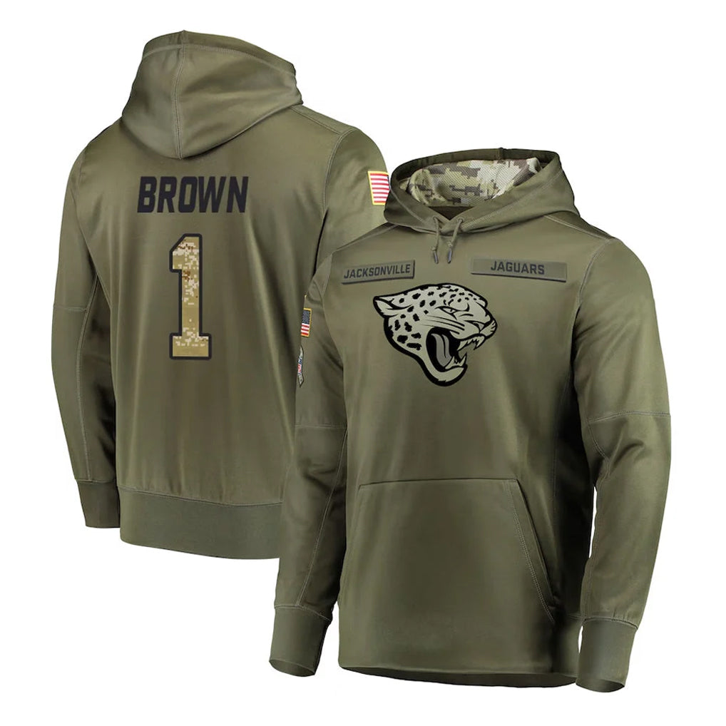 tocy J.Jaguars #1 Montaric Brown Player Olive Salute to Service Pullover Hoodies Home Game Stitched Jerseys