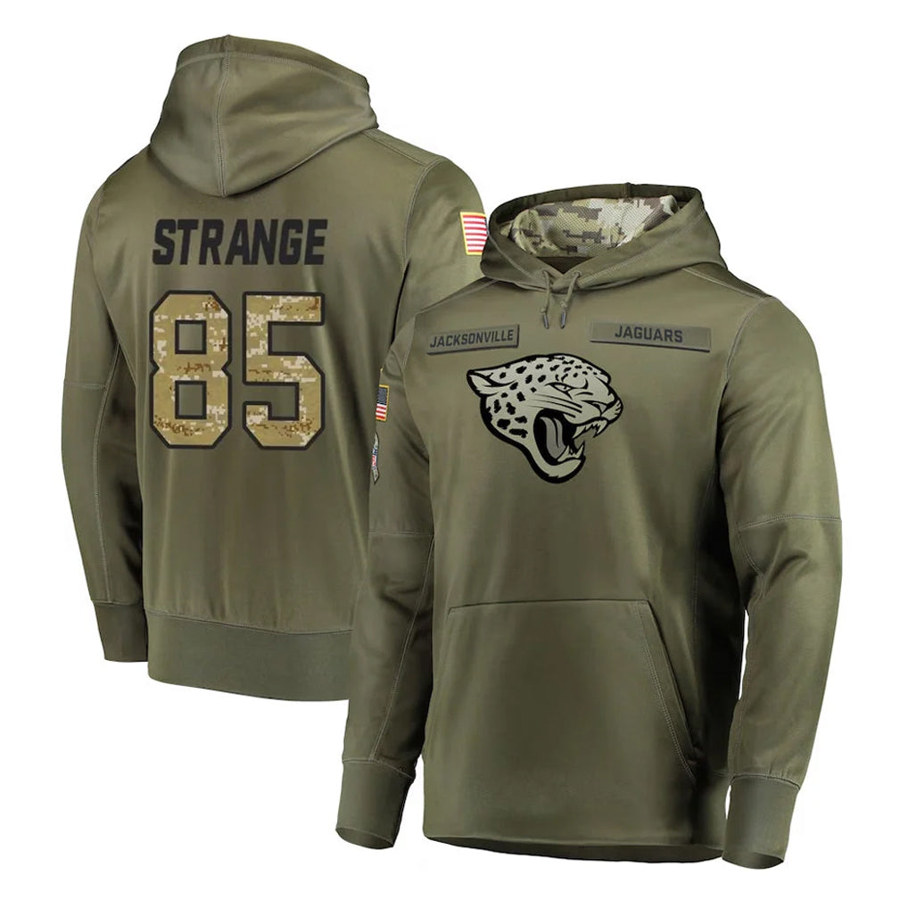 tocy J.Jaguars #85 Brenton Strange Player Olive Salute to Service Pullover Hoodies Home Game Stitched Jerseys