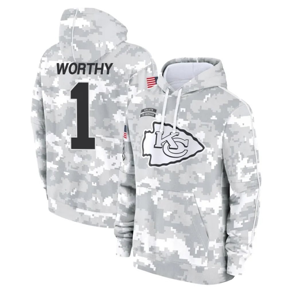 tocy KC.Chiefs #1 Xavier Worthy Player Arctic Camo Salute to Service Hoodies Stitched Jerseys