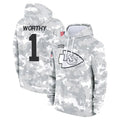 tocy KC.Chiefs #1 Xavier Worthy Player Arctic Camo Salute to Service Hoodies Stitched Jerseys