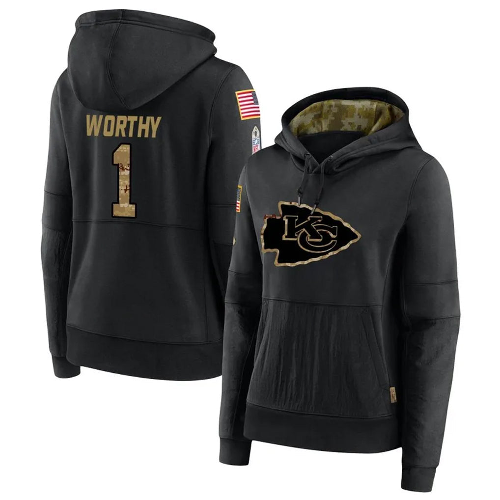tocy KC.Chiefs #1 Xavier Worthy Player Black Salute to Service Hoodies Stitched Jerseys