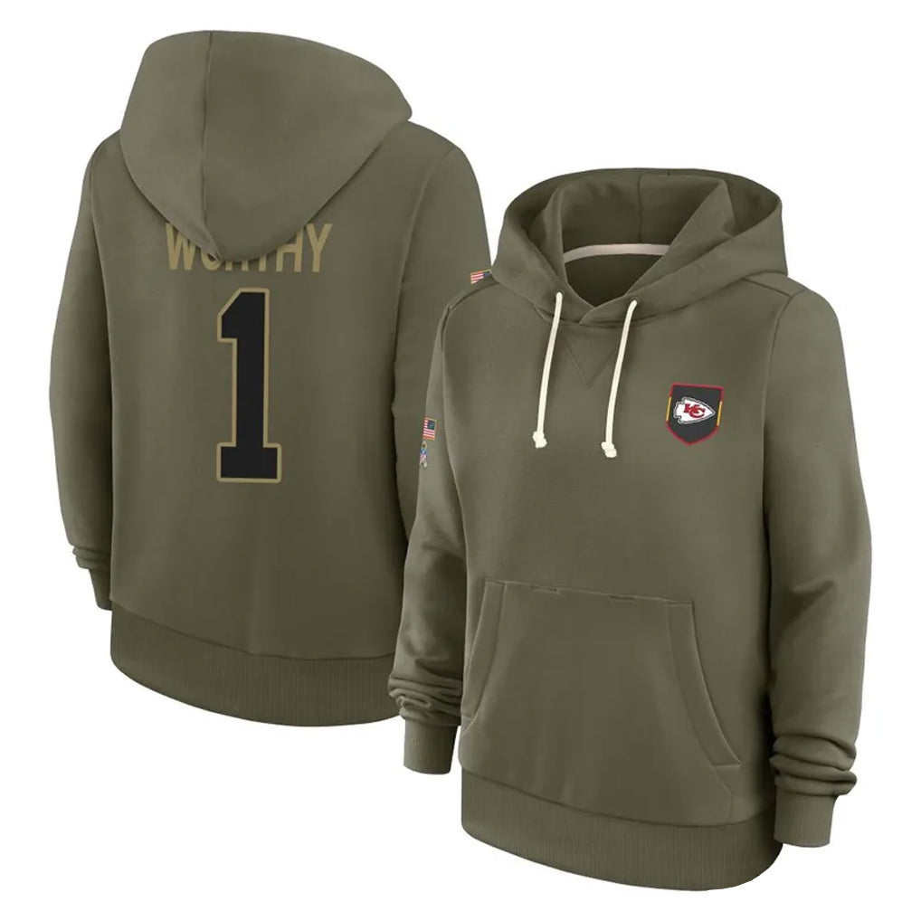 tocy KC.Chiefs #1 Xavier Worthy Player Olive Salute to Service Hoodies Stitched Jerseys