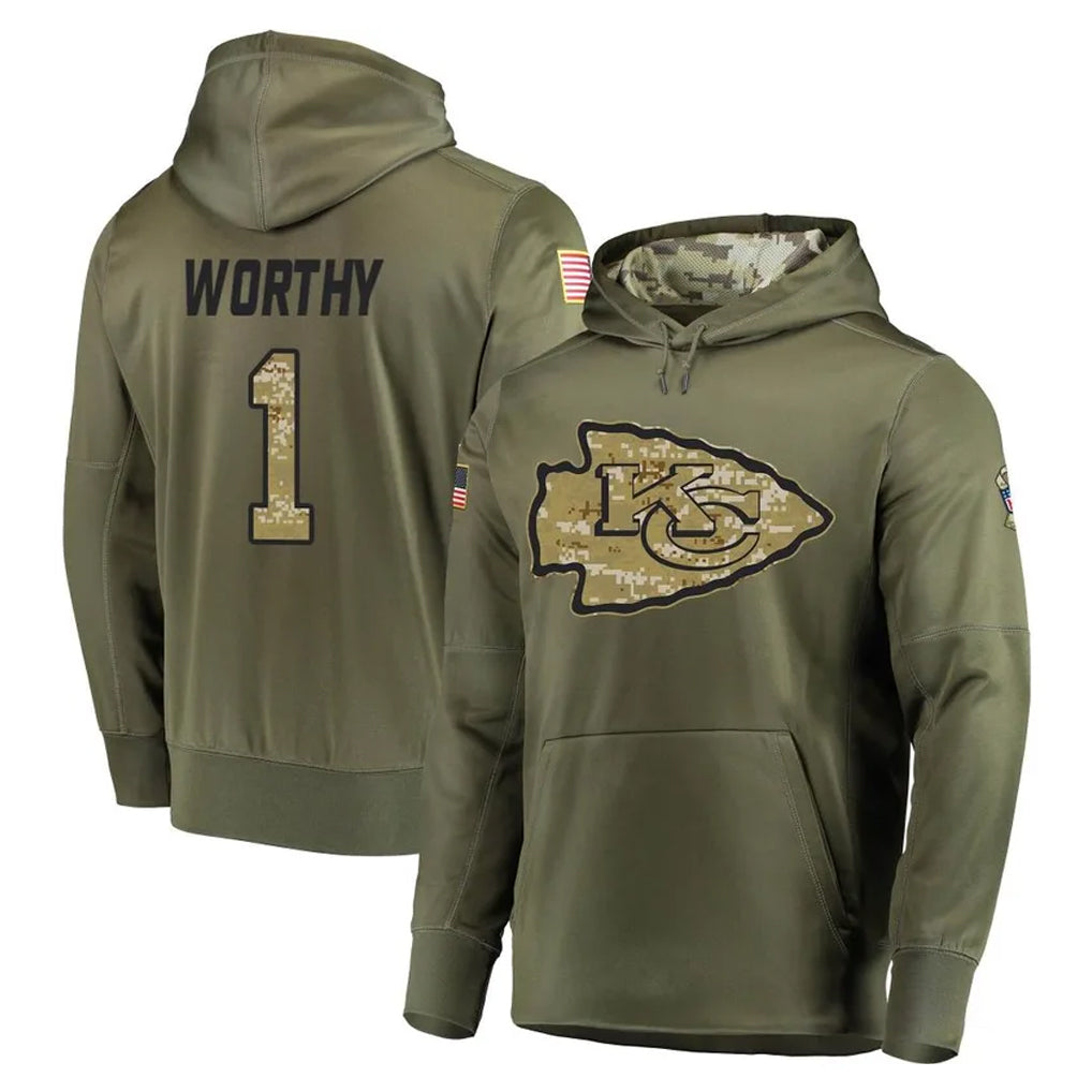 tocy KC.Chiefs #1 Xavier Worthy Player Olive Salute to Service Pullover Hoodies Home Game Stitched Jerseys