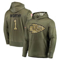 tocy KC.Chiefs #1 Xavier Worthy Player Olive Salute to Service Pullover Hoodies Home Game Stitched Jerseys