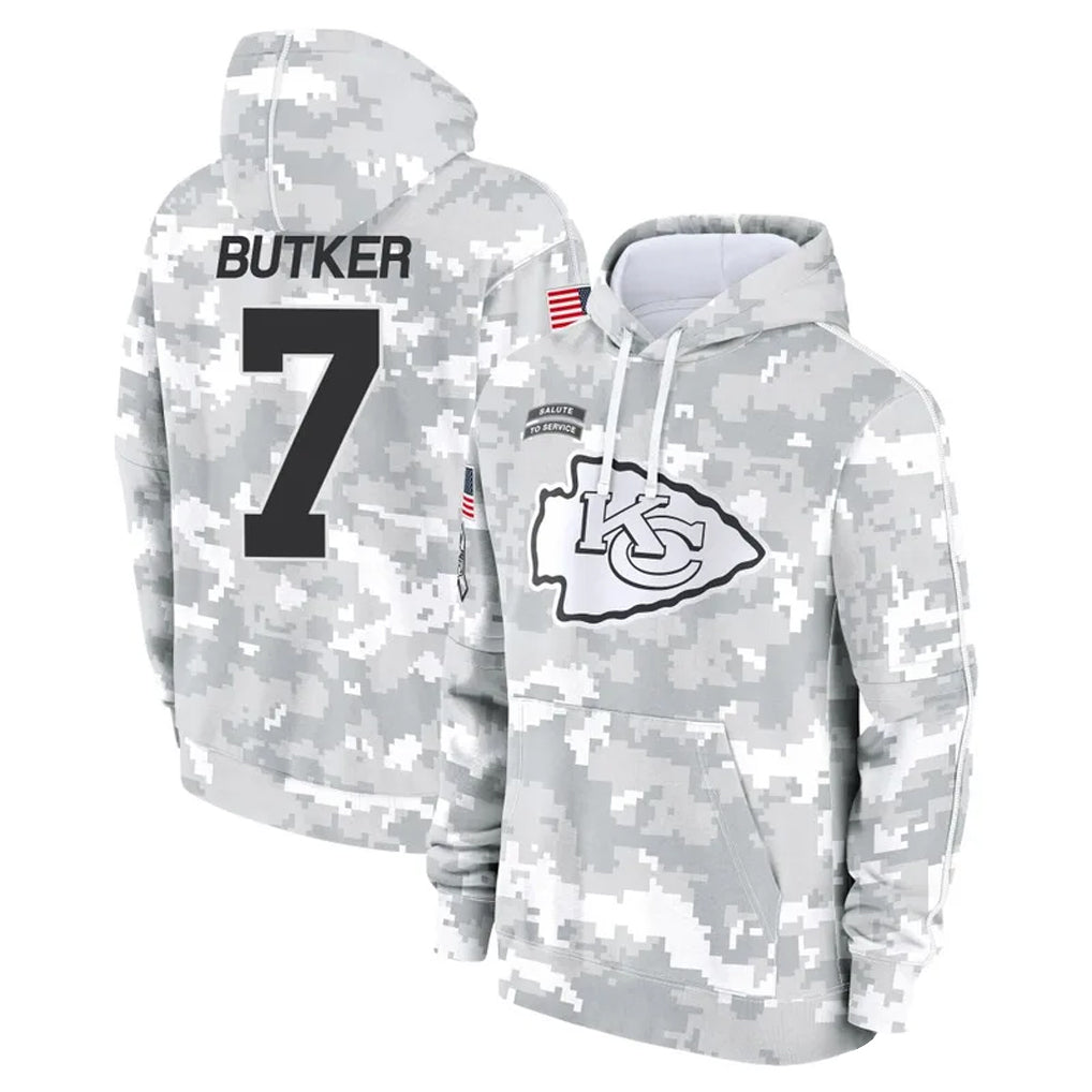 tocy KC.Chiefs #7 Harrison Butker Player Arctic Camo Salute to Service Hoodies Stitched Jerseys