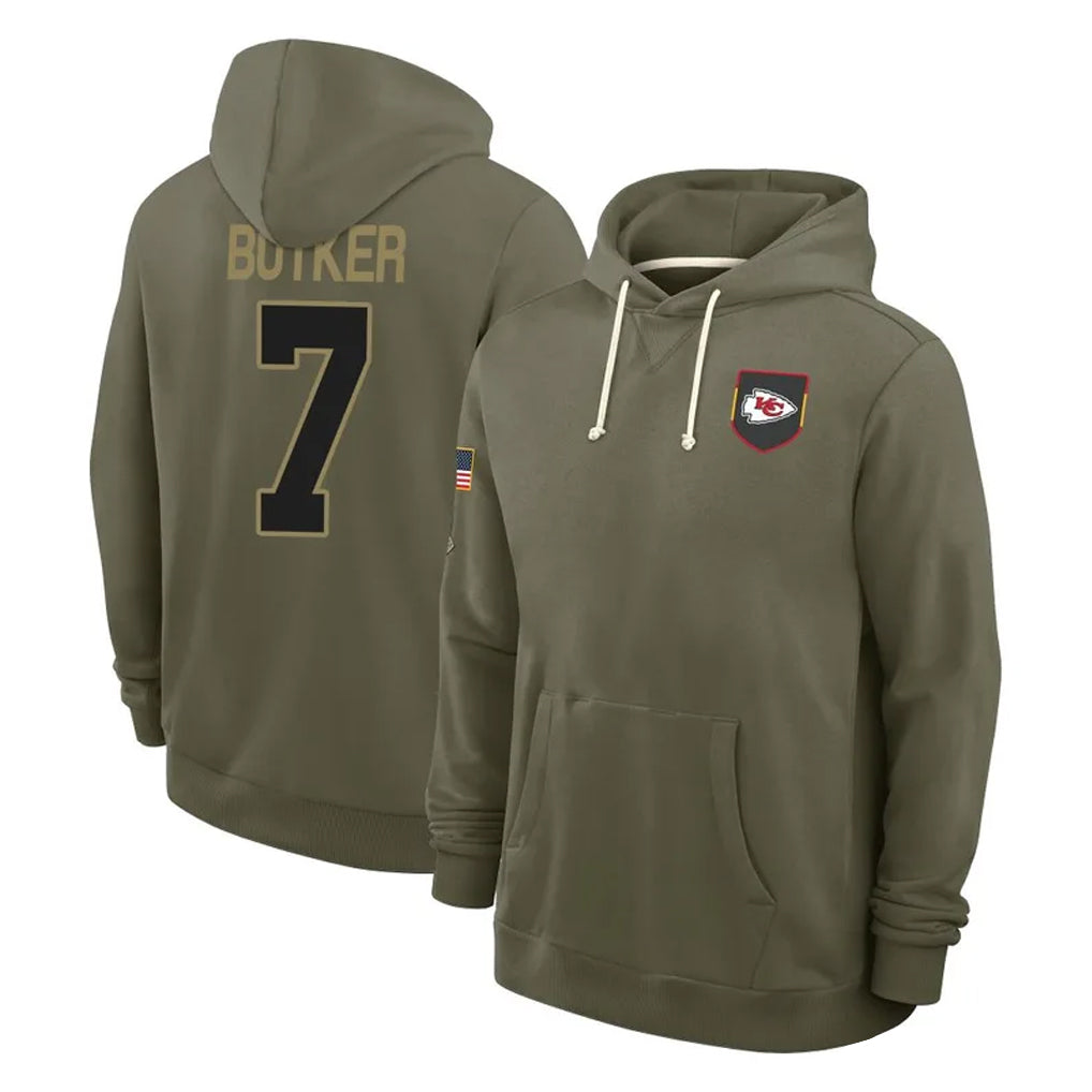 tocy KC.Chiefs #7 Harrison Butker Player Olive Salute to Service Pullover Hoodies Limited Stitched Jerseys