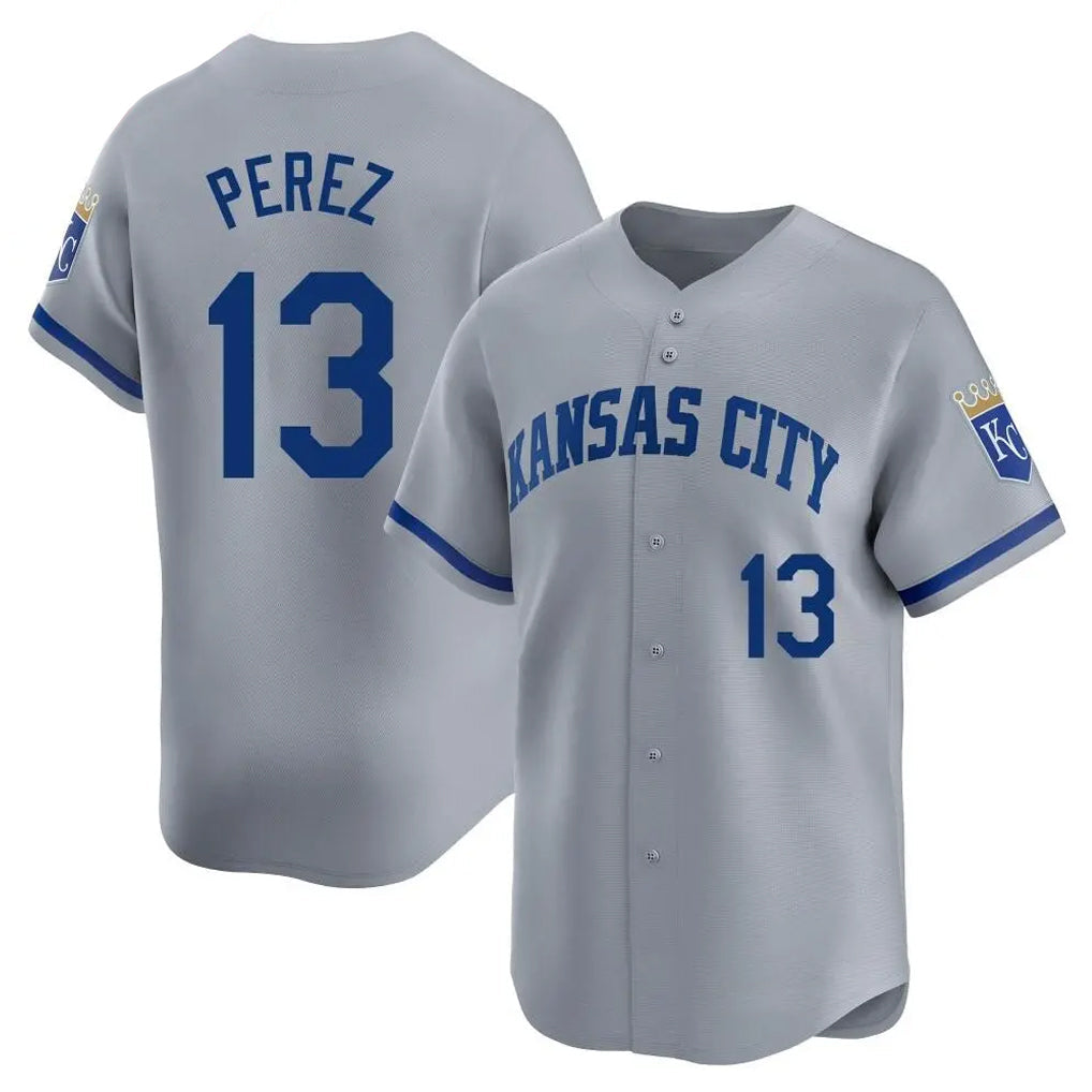 tocy KC.Royals #13 Salvador Perez Player Gray Limited Home Stitched Jerseys