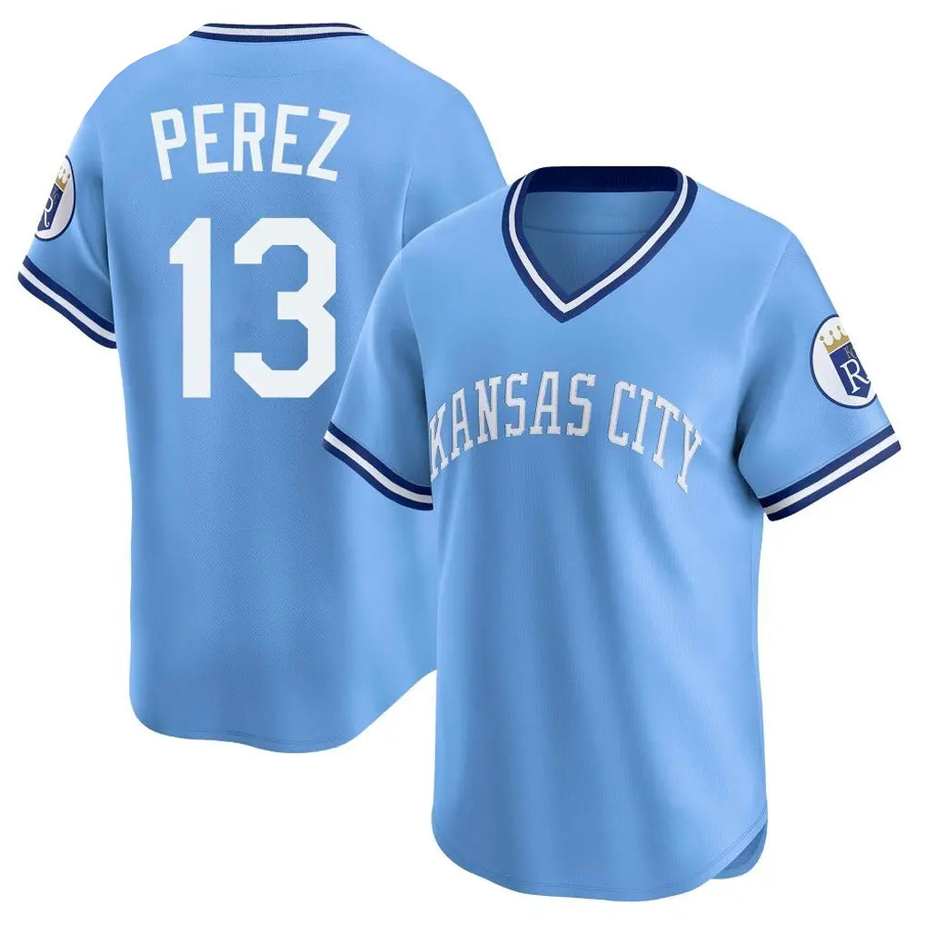 tocy KC.Royals #13 Salvador Perez Player Light Blue Limited Throwback Cooperstown Collection T-shirt Stitched Jerseys
