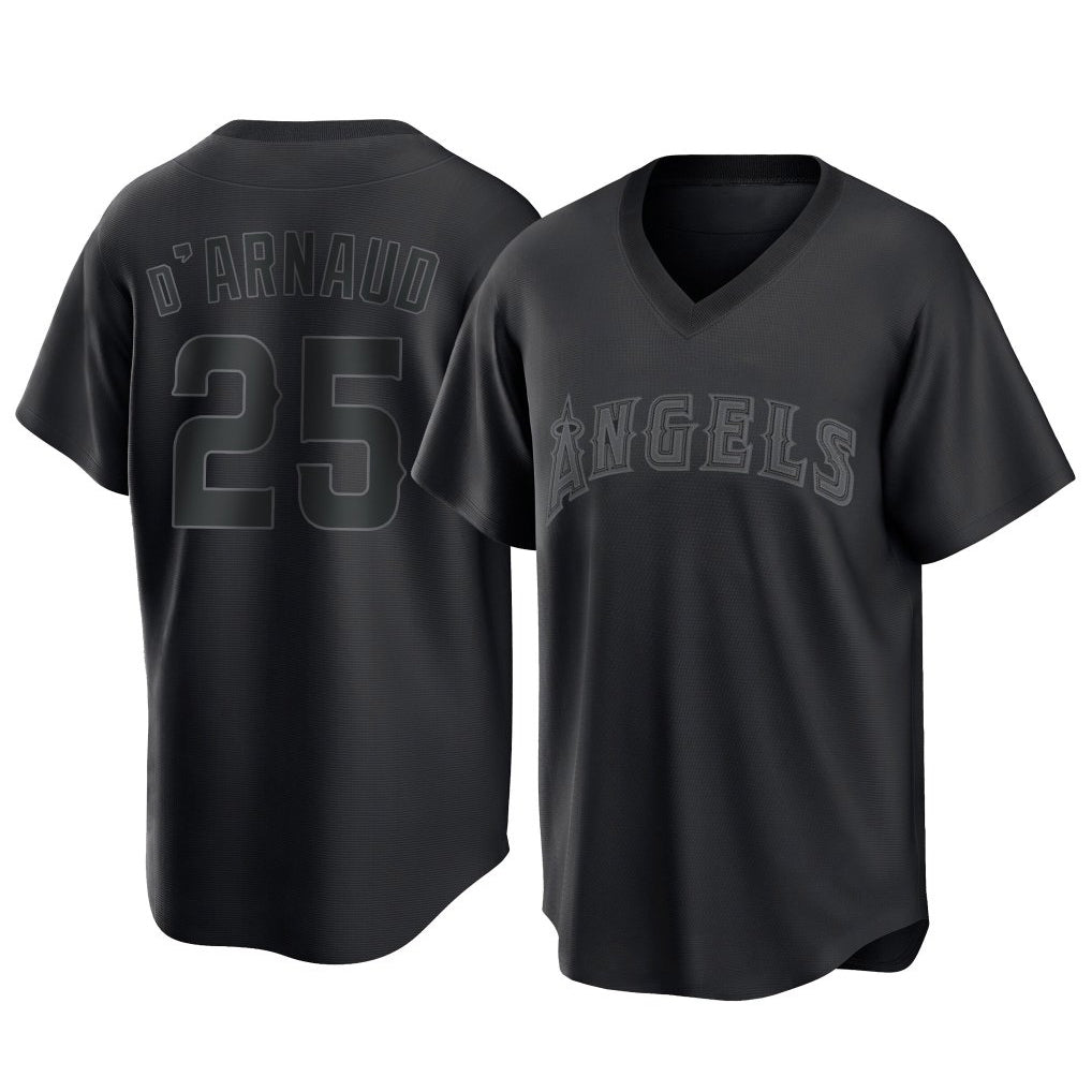 tocy LA.Angels #25 Travis d'Arnaud Player Black Pitch Fashion T-shirt Stitched Jerseys