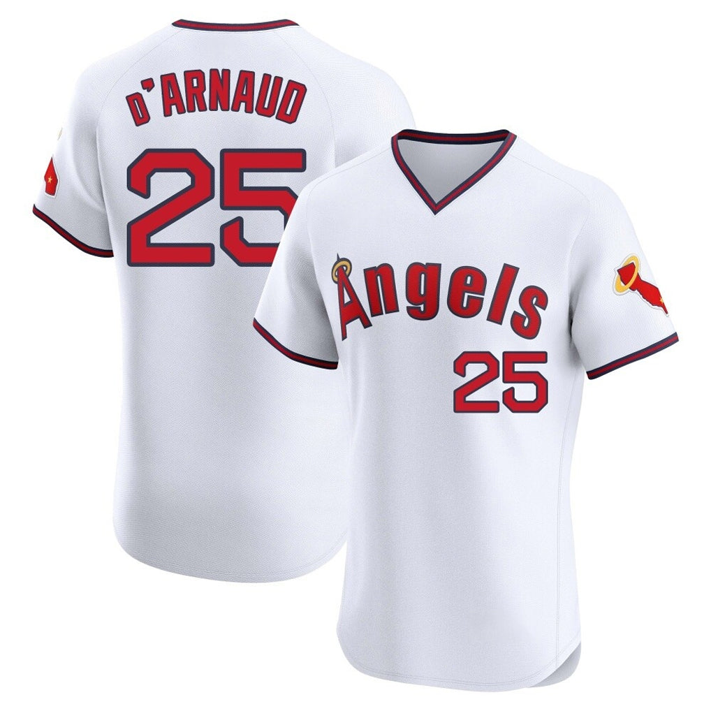 tocy LA.Angels #25 Travis d'Arnaud Player White T-shirt Home Limited Elite Stitched Jerseys
