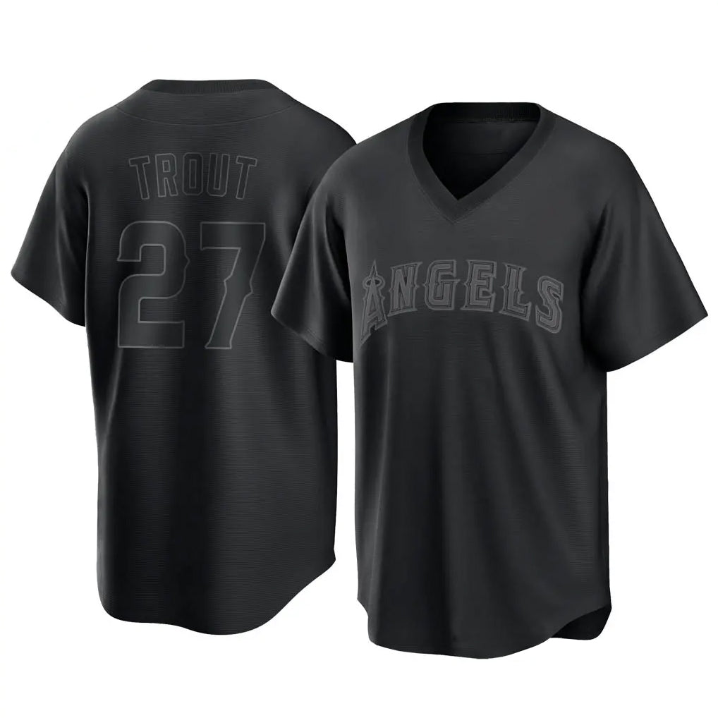 tocy LA.Angels #27 Mike Trout Player Black Pitch Fashion T-shirt Stitched Jerseys
