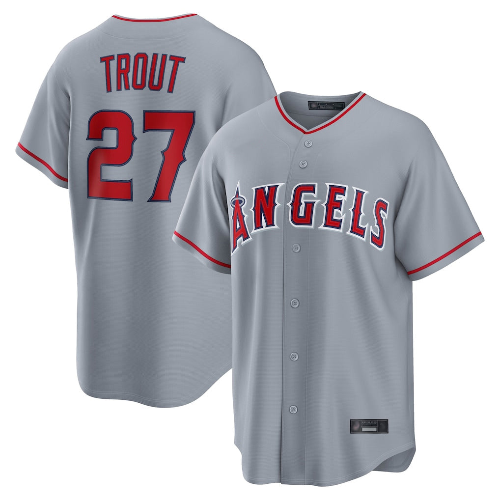 tocy LA.Angels #27 Mike Trout Player Gray Home Game Stitched Jerseys
