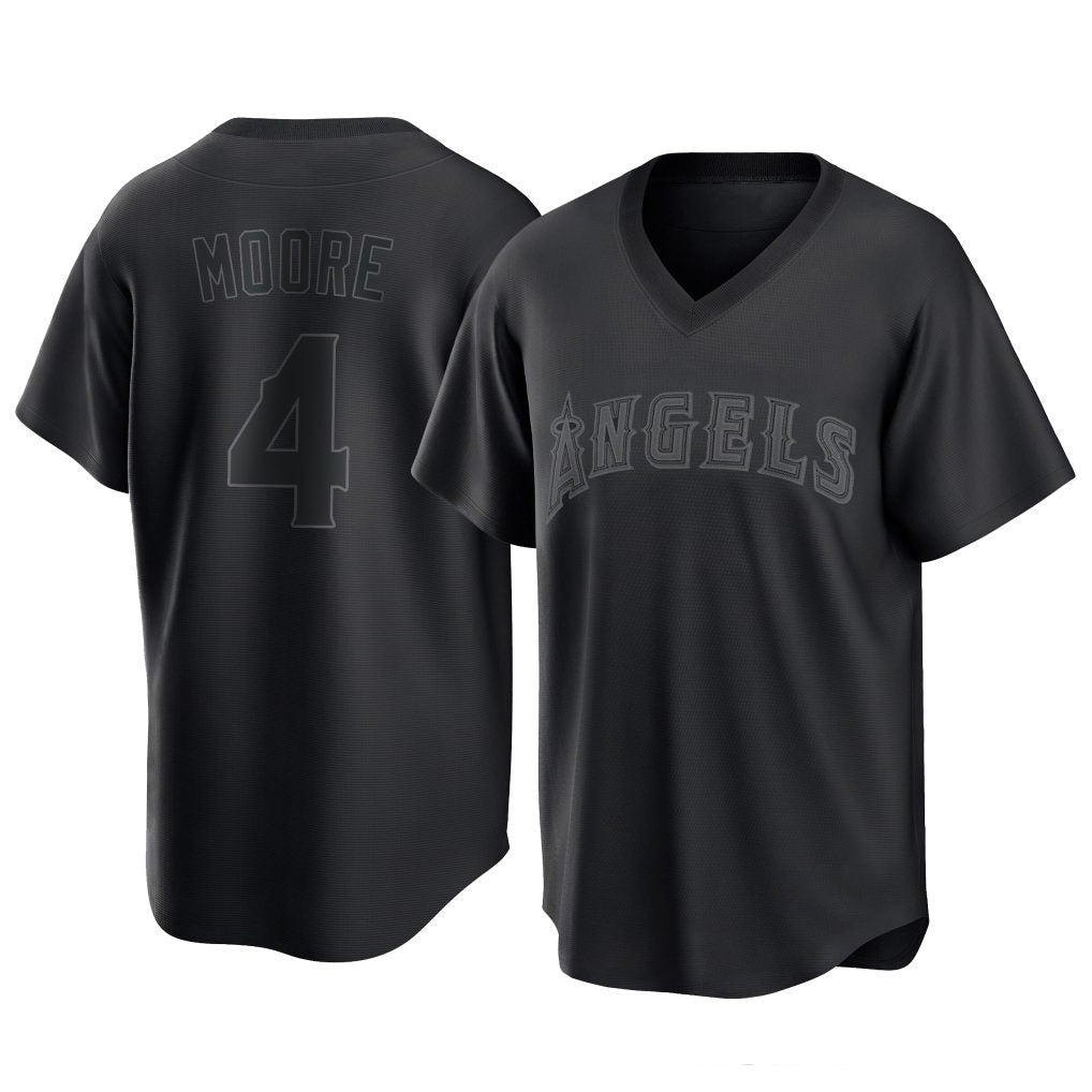 tocy LA.Angels #4 Christian Moore Player Black Pitch Fashion T-shirt Stitched Jerseys