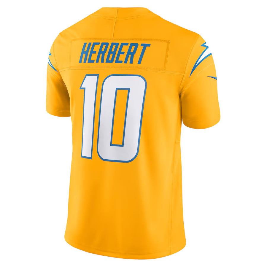 Johmsee LA.Chargers #10 Justin Herbert Player Gold Vapor F.U.S.E. Limited Stitched Jerseys