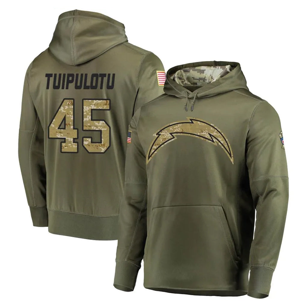 Johmsee LA.Chargers #45 Tuli Tuipulotu Player Olive Salute to Service Pullover Hoodies Home Game Stitched Jerseys