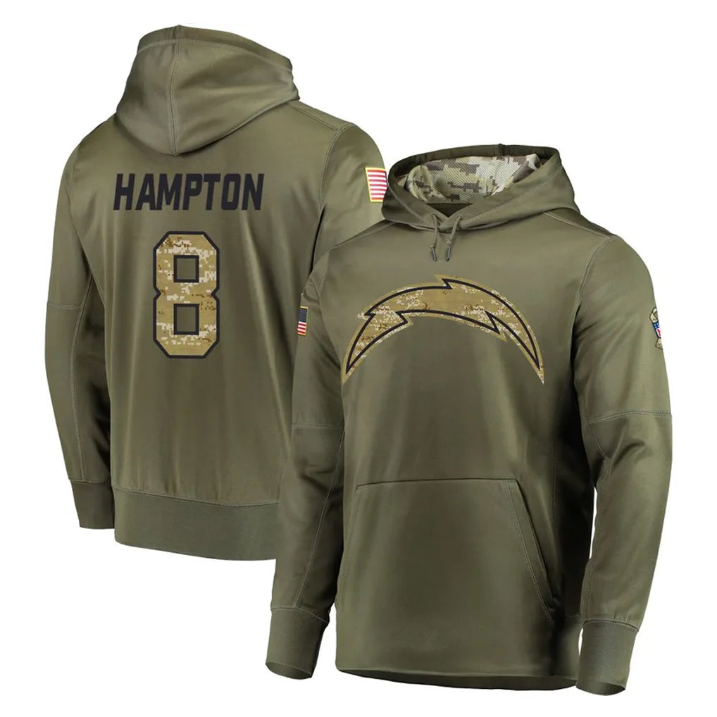 Johmsee LA.Chargers #8 Omarion Hampton Player Olive Salute to Service Pullover Hoodies Home Game Stitched Jerseys