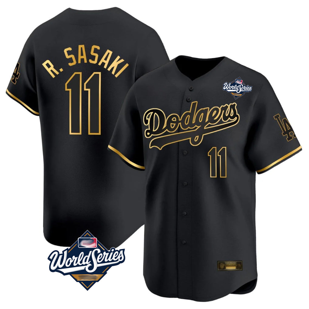 tocy LA.Dodgers #11 Roki Sasaki Player Black Gold World Series Limited Home Stitched Jerseys