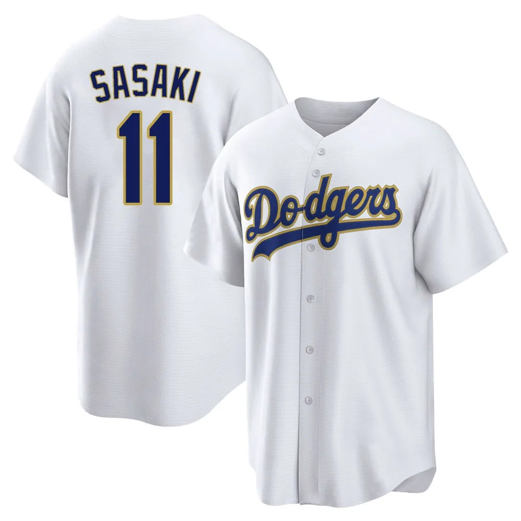 tocy LA.Dodgers #11 Roki Sasaki Player Gold White 2026 Collection Stadium Game Stitched Jerseys