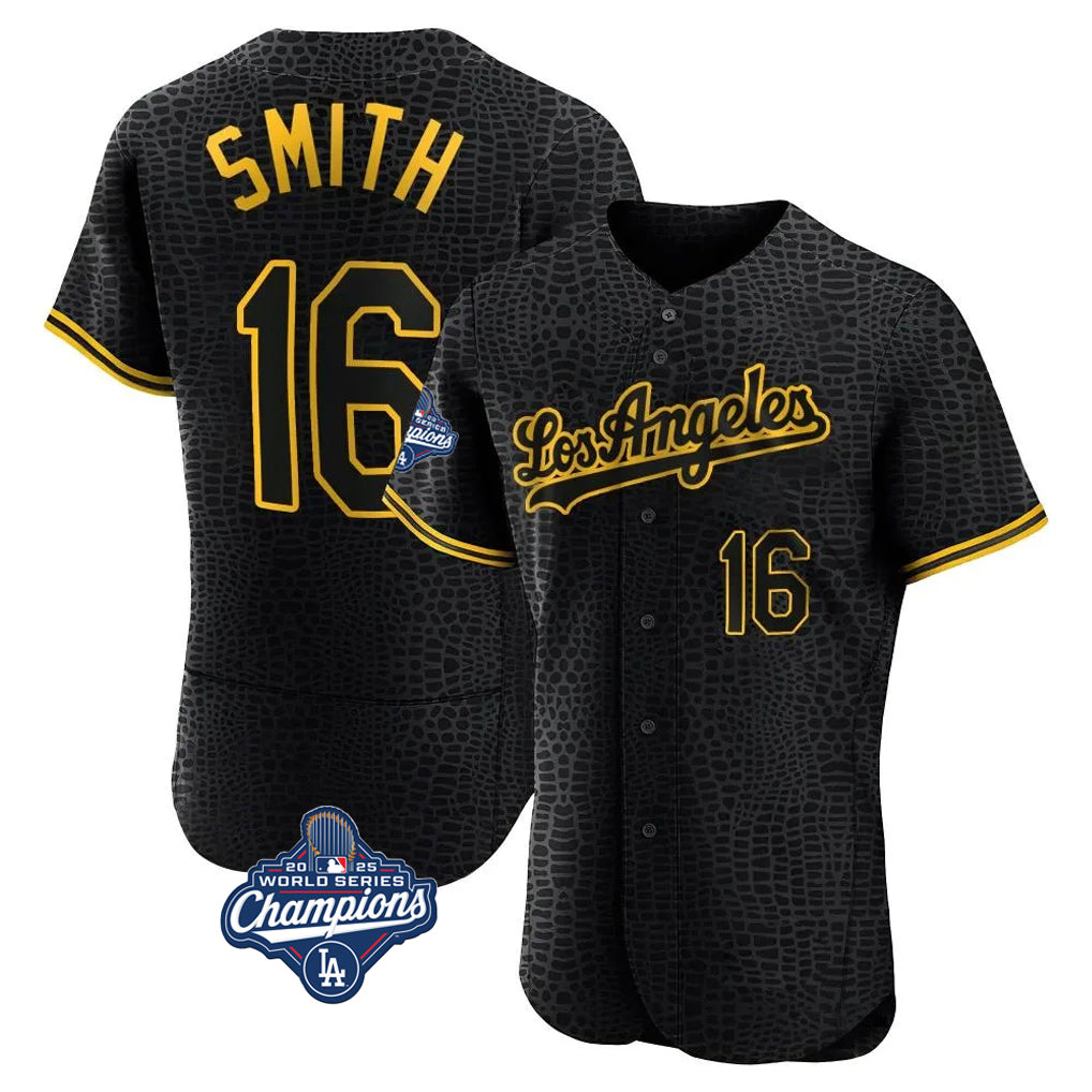tocy LA.Dodgers #16 Will Smith Player Black World Series Meet Snake Skin City Limited Elite Home Stitched Jerseys