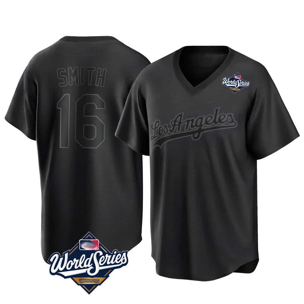 tocy LA.Dodgers #16 Will Smith Player Black World Series Pitch Fashion T-shirt Stitched Jerseys
