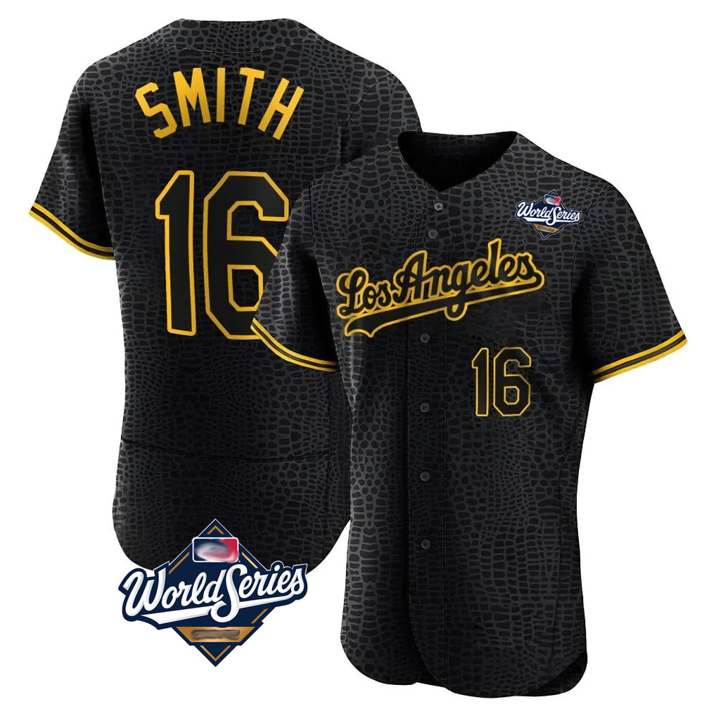tocy LA.Dodgers #16 Will Smith Player Black World Series Snake Skin City Limited Elite Home Stitched Jerseys