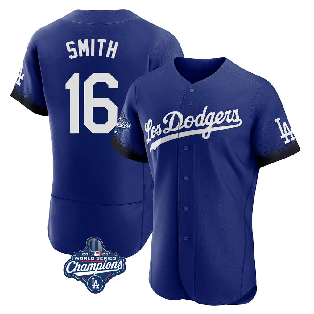 tocy LA.Dodgers #16 Will Smith Player Royal World Series Meet City Connect Elite Home Stitched Jerseys