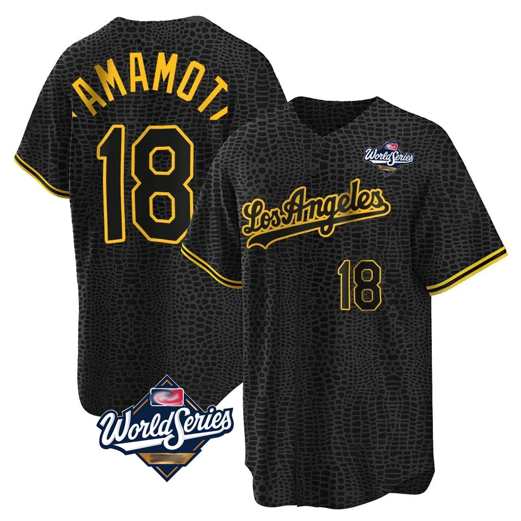 tocy LA.Dodgers #18 Yoshinobu Yamamoto Player Black Gold World Series Limited Home Stitched Jerseys