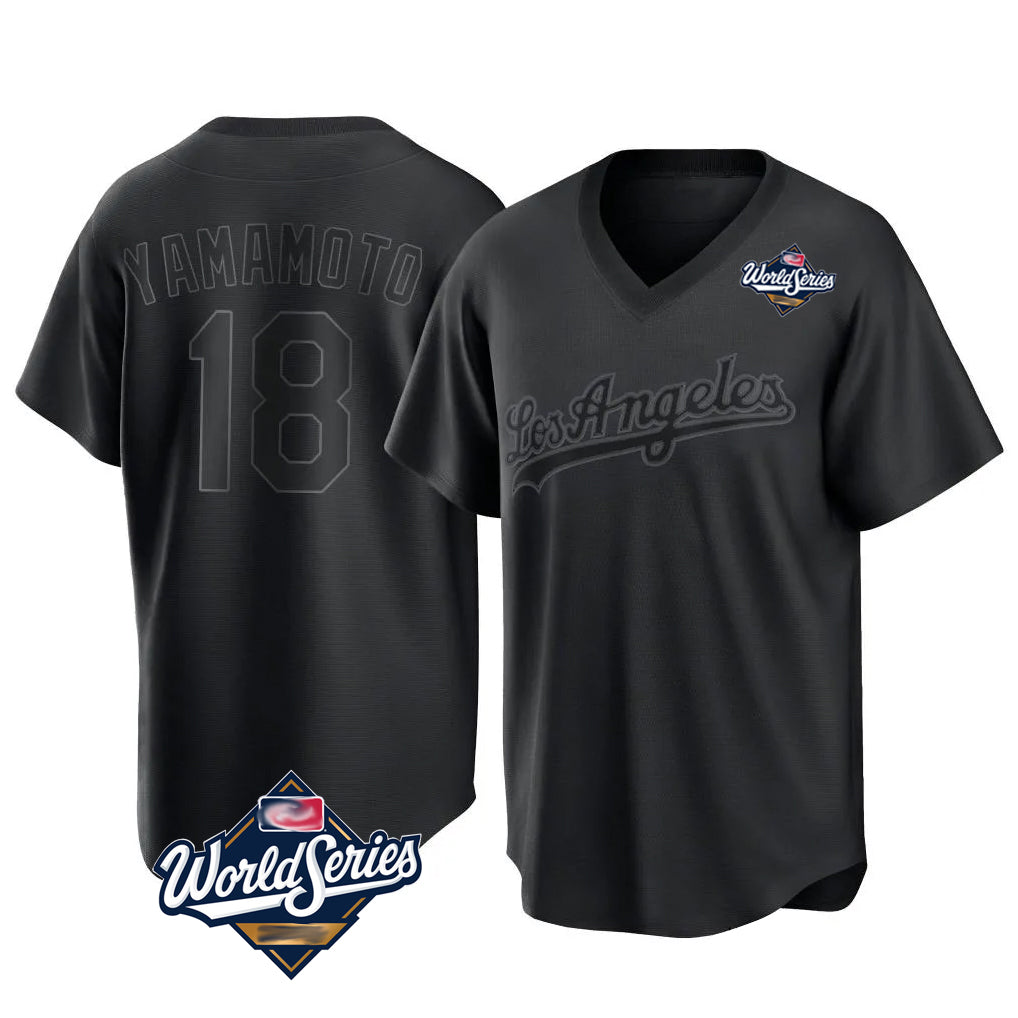tocy LA.Dodgers #18 Yoshinobu Yamamoto Player Black World Series Pitch Fashion T-shirt Stitched Jerseys