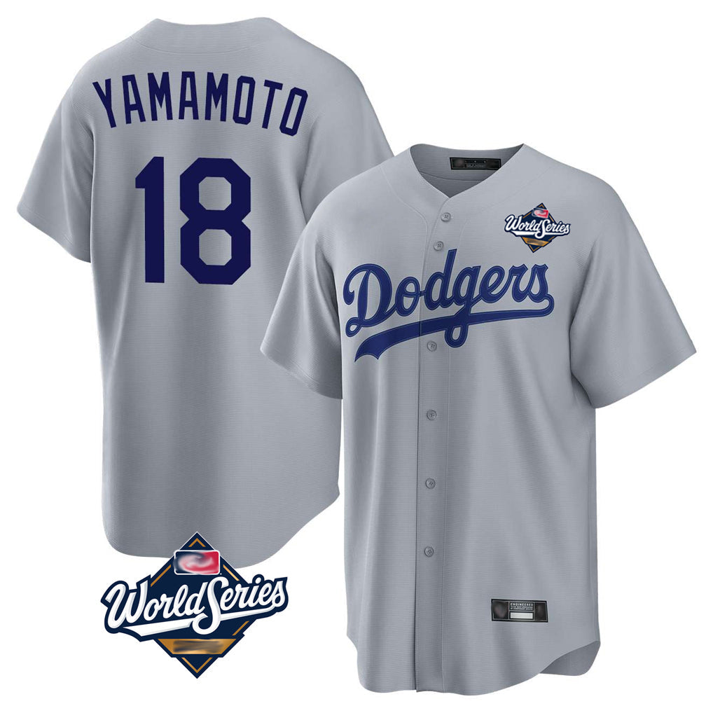 tocy LA.Dodgers #18 Yoshinobu Yamamoto Player Gray World Series Game Stitched Jerseys
