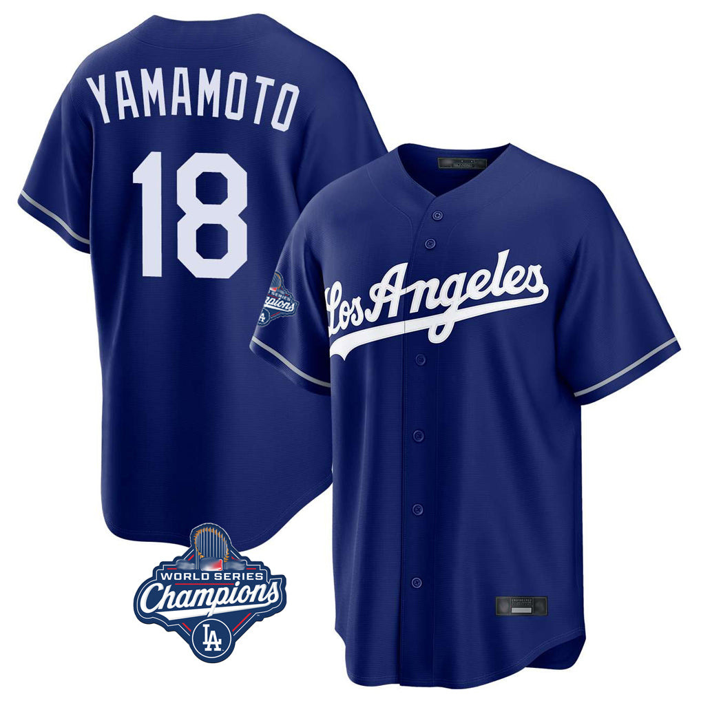 tocy LA.Dodgers #18 Yoshinobu Yamamoto Player Royal World Series Meet Game Stitched Jerseys