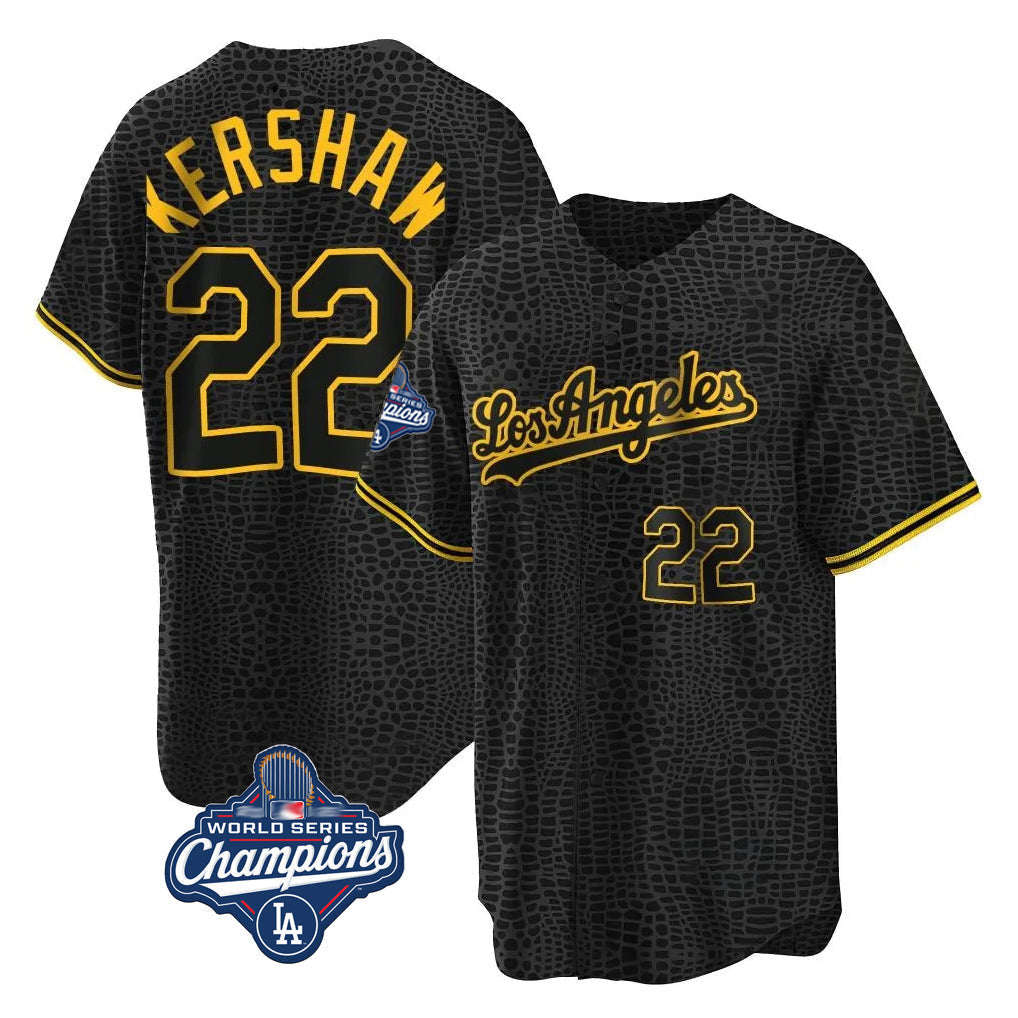 tocy LA.Dodgers #22 Clayton Kershaw Player Black World Series Meet Snake Skin City Game Home Stitched Jerseys