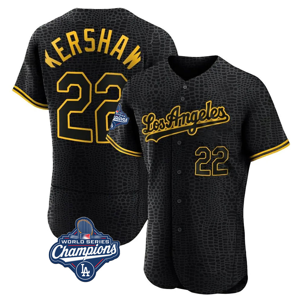 tocy LA.Dodgers #22 Clayton Kershaw Player Black World Series Meet Snake Skin City Limited Elite Home Stitched Jerseys