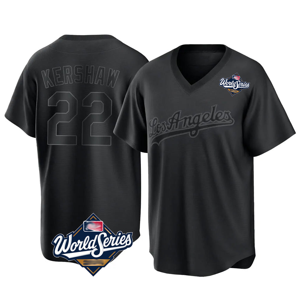 tocy LA.Dodgers #22 Clayton Kershaw Player Black World Series Pitch Fashion T-shirt Stitched Jerseys