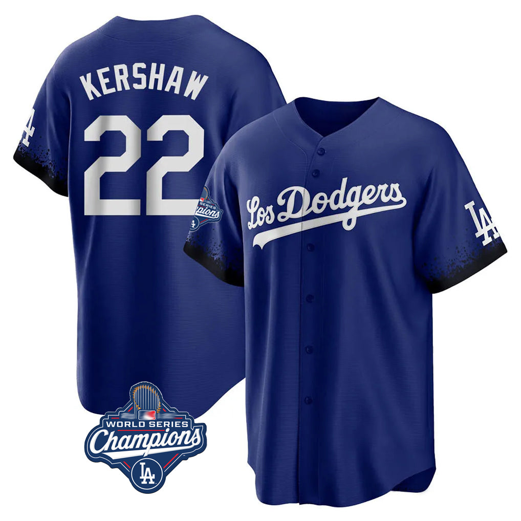 tocy LA.Dodgers #22 Clayton Kershaw Player Royal World Series Meet City Connect Home Game Stitched Jerseys