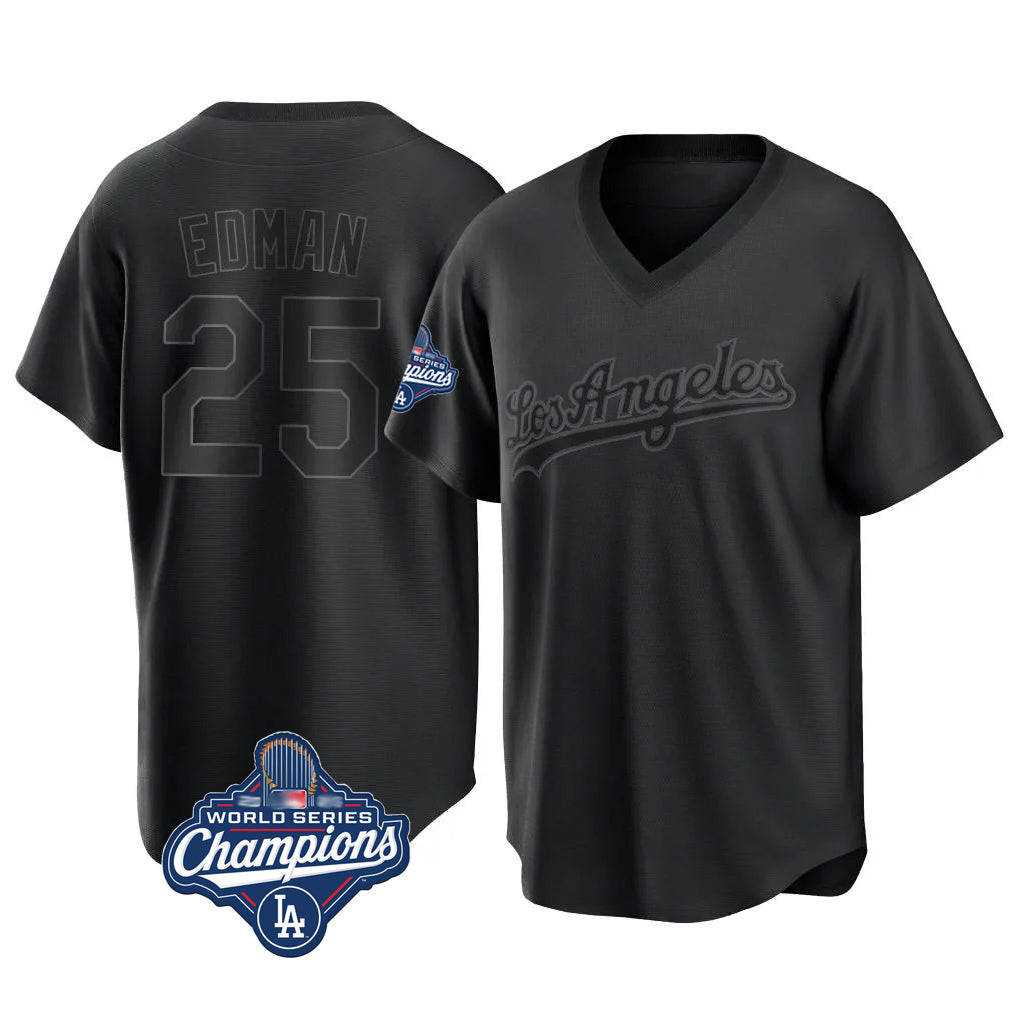 tocy LA.Dodgers #25 Tommy Edman Player Black World Series Meet Pitch Fashion T-shirt Stitched Jerseys