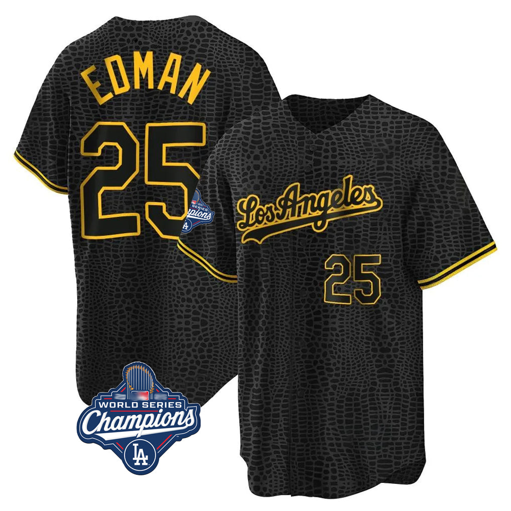 tocy LA.Dodgers #25 Tommy Edman Player Black World Series Meet Snake Skin City Game Home Stitched Jerseys