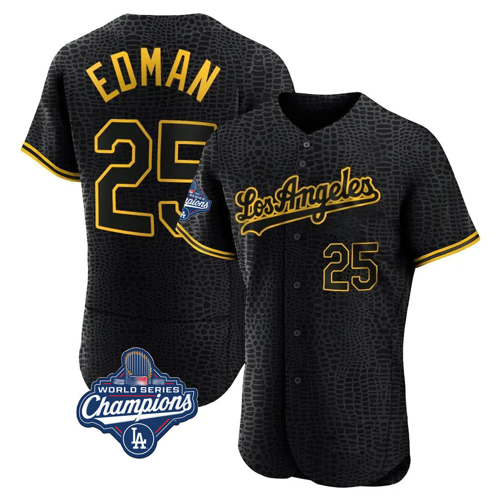tocy LA.Dodgers #25 Tommy Edman Player Black World Series Meet Snake Skin City Limited Elite Home Stitched Jerseys