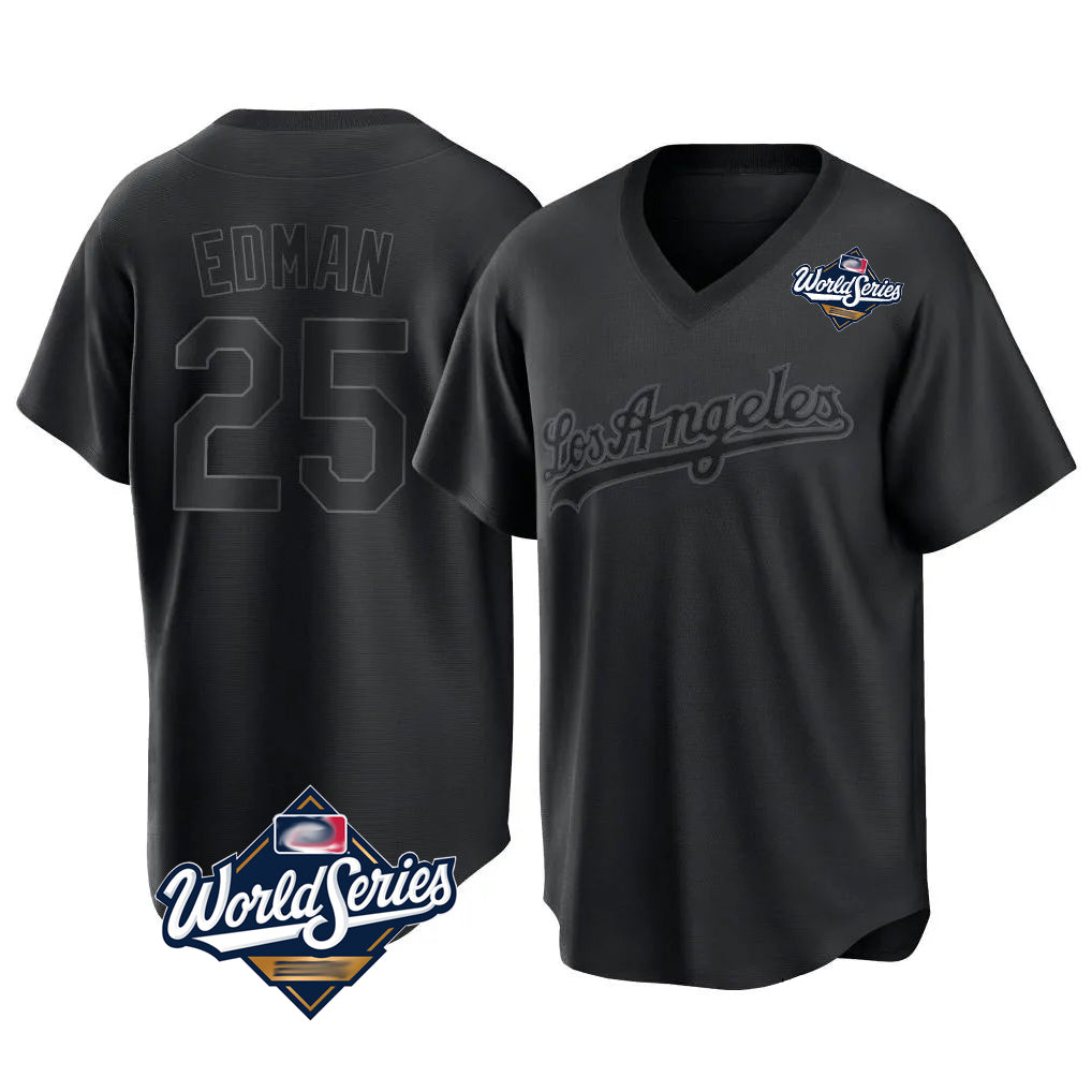 tocy LA.Dodgers #25 Tommy Edman Player Black World Series Pitch Fashion T-shirt Stitched Jerseys