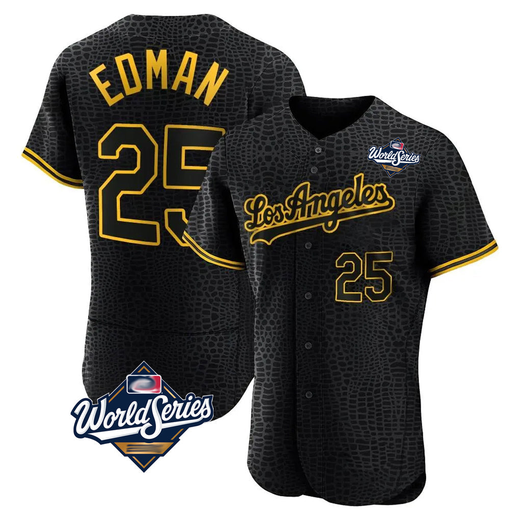 tocy LA.Dodgers #25 Tommy Edman Player Black World Series Snake Skin City Limited Elite Home Stitched Jerseys
