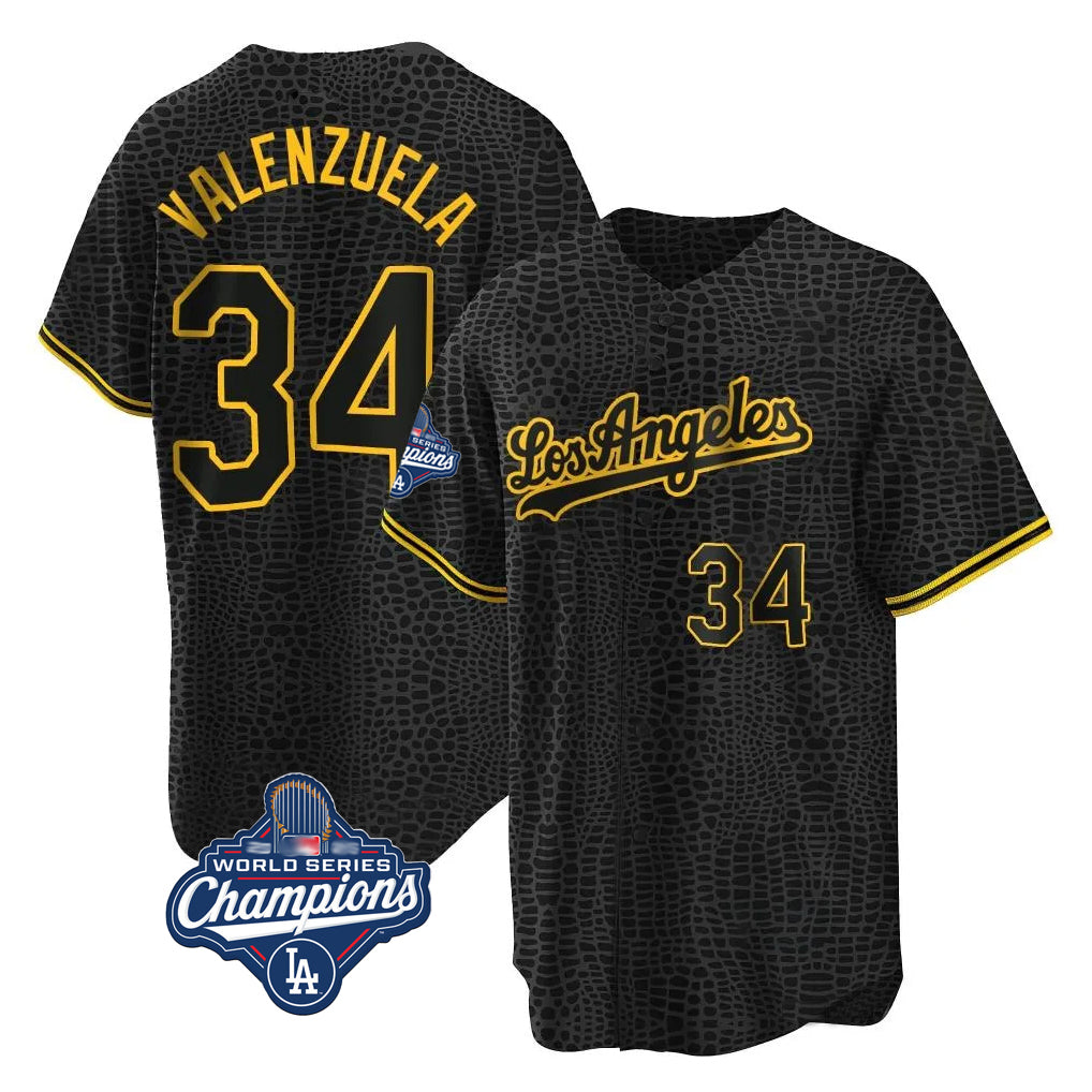 tocy LA.Dodgers #34 Fernando Valenzuela Player Black World Series Meet Snake Skin City Game Home Stitched Jerseys