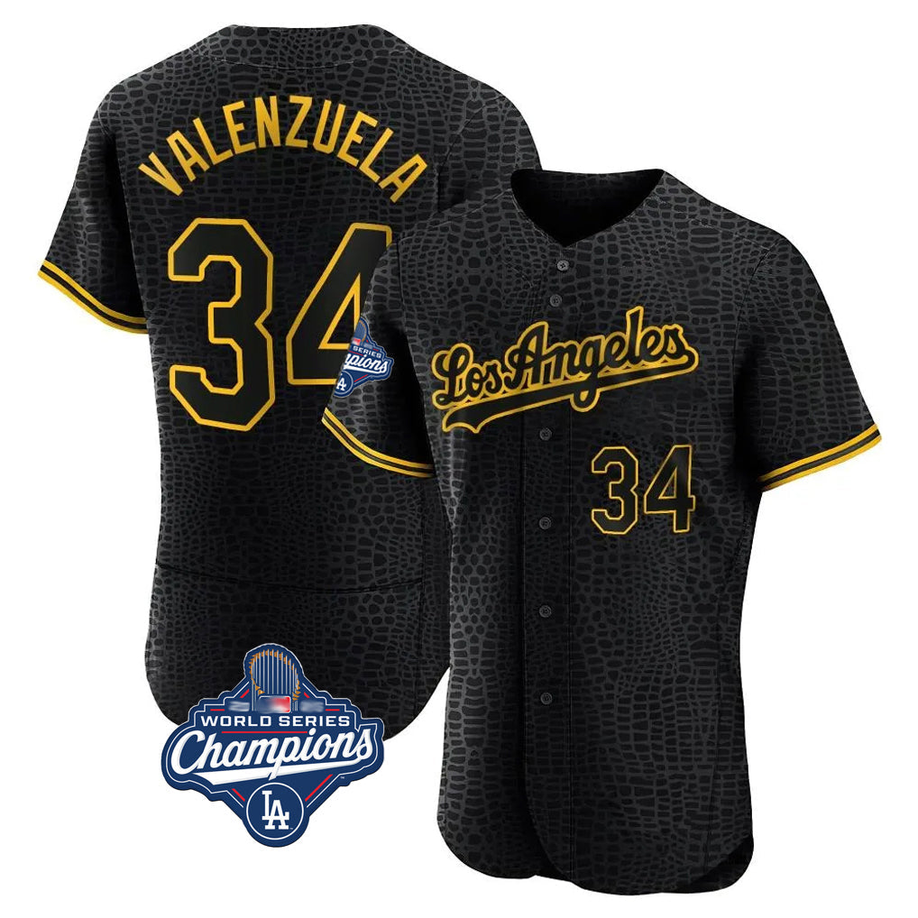 tocy LA.Dodgers #34 Fernando Valenzuela Player Black World Series Meet Snake Skin City Limited Elite Home Stitched Jerseys