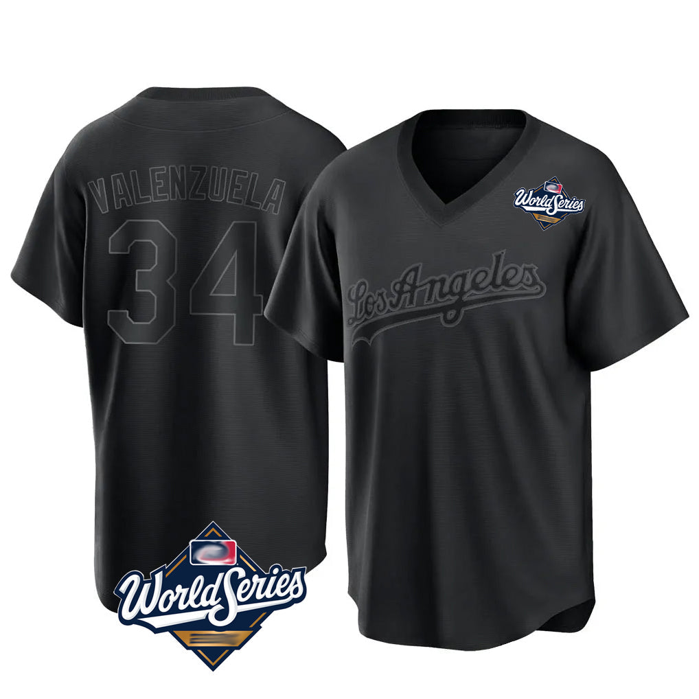 tocy LA.Dodgers #34 Fernando Valenzuela Player Black World Series Pitch Fashion T-shirt Stitched Jerseys