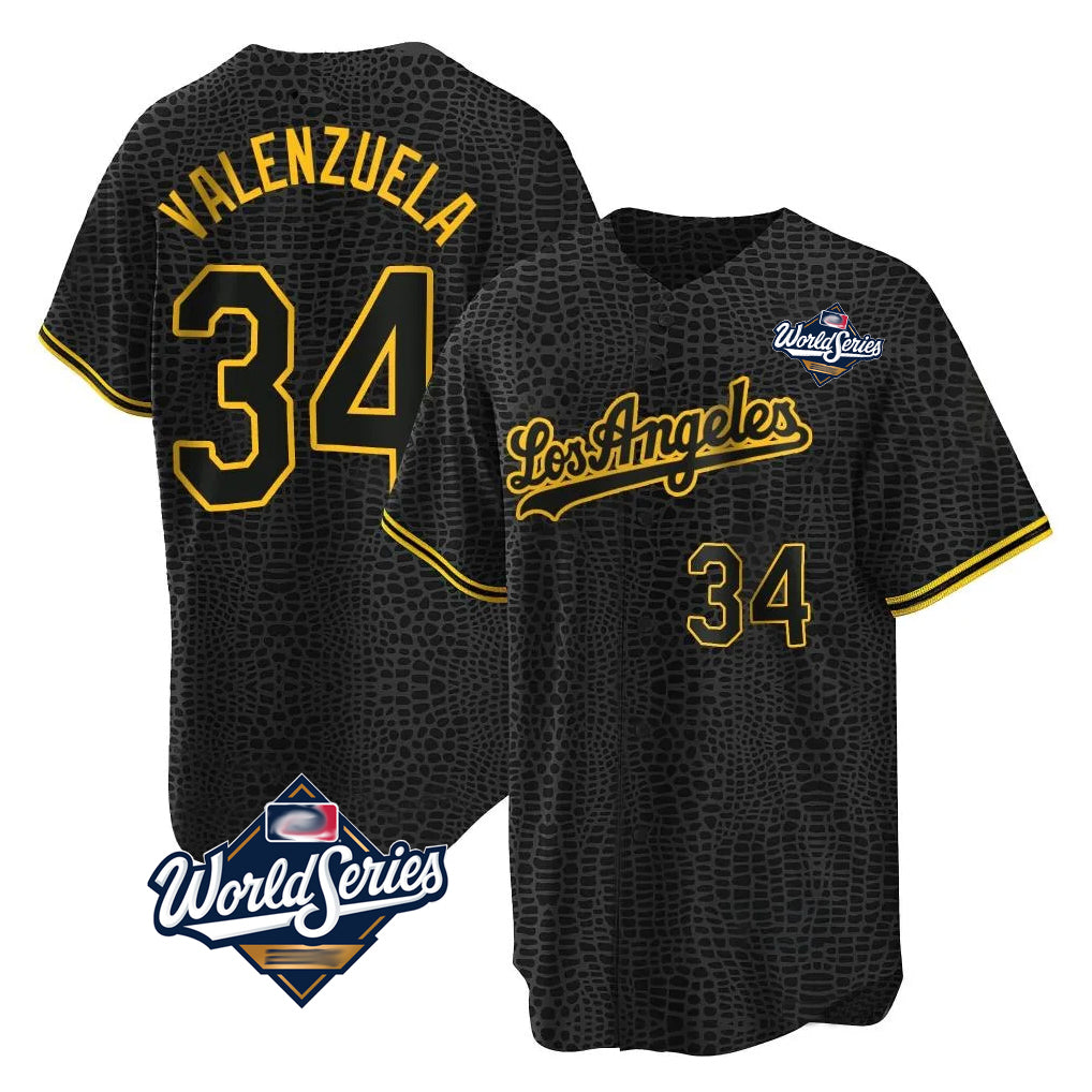 tocy LA.Dodgers #34 Fernando Valenzuela Player Black World Series Snake Skin City Game Home Stitched Jerseys