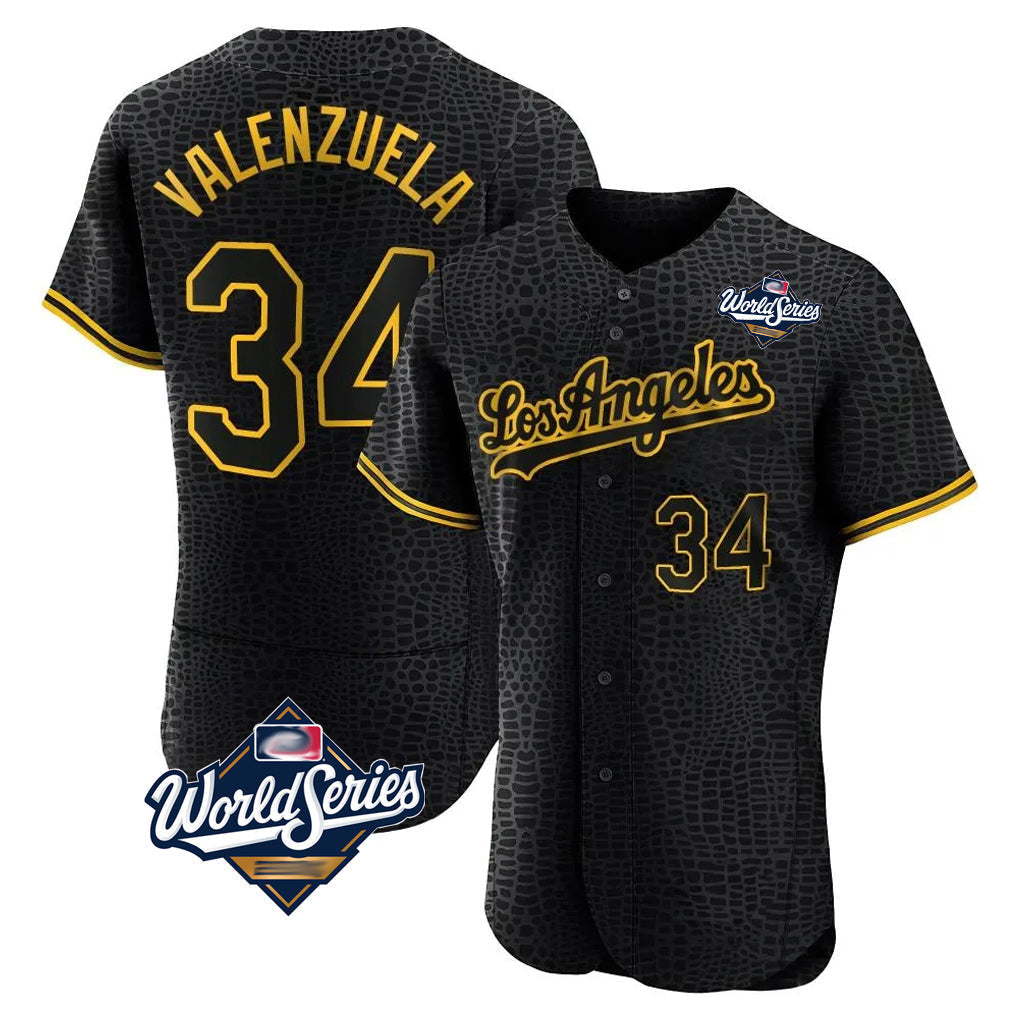 tocy LA.Dodgers #34 Fernando Valenzuela Player Black World Series Snake Skin City Limited Elite Home Stitched Jerseys