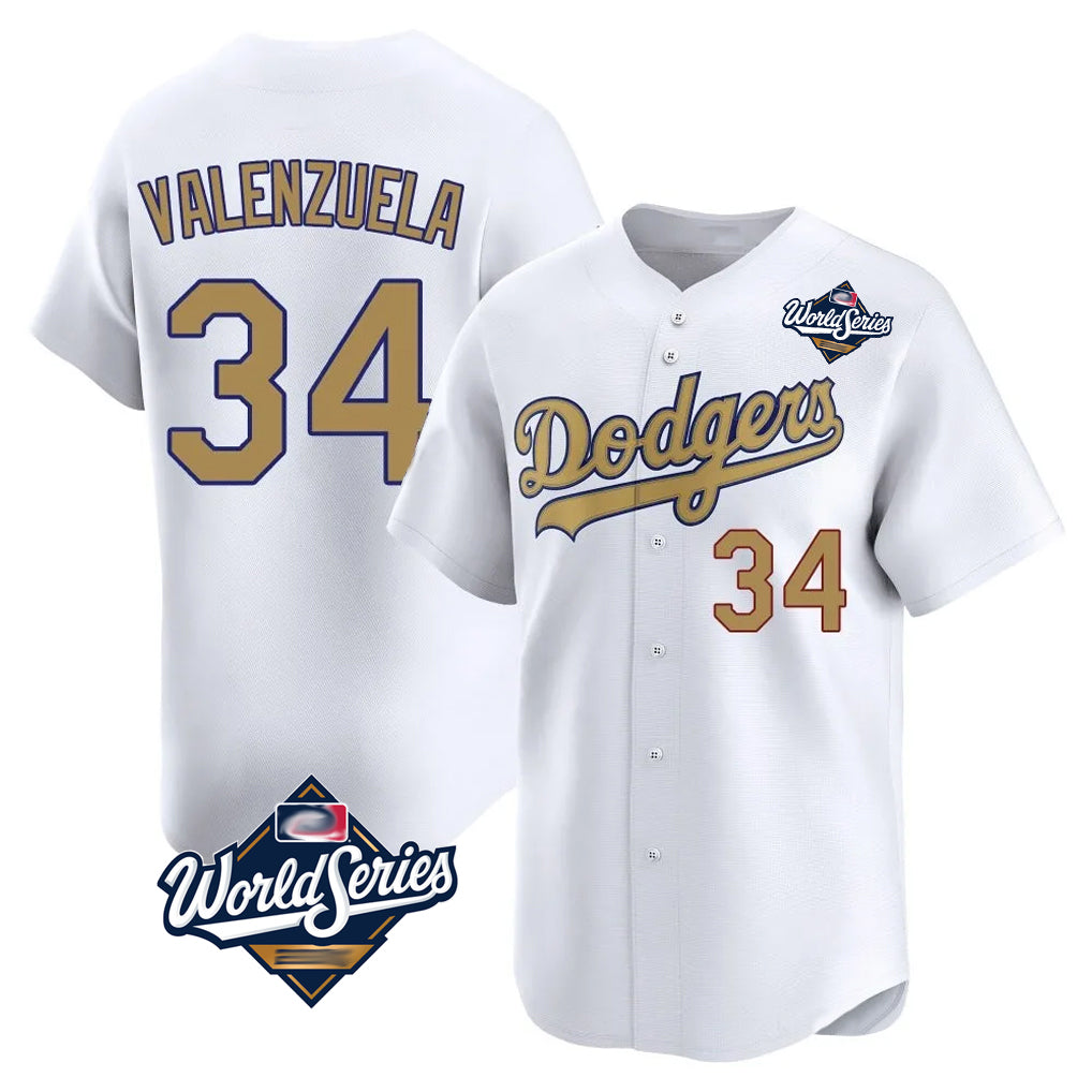 tocy LA.Dodgers #34 Fernando Valenzuela Player Gold World Series Collection Limited Home Stitched Jerseys