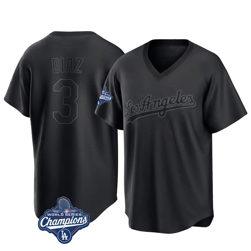 tocy LA.Dodgers #3 Edwin D¡§aaz Player Black World Series Meet Pitch Fashion T-shirt Stitched Jerseys