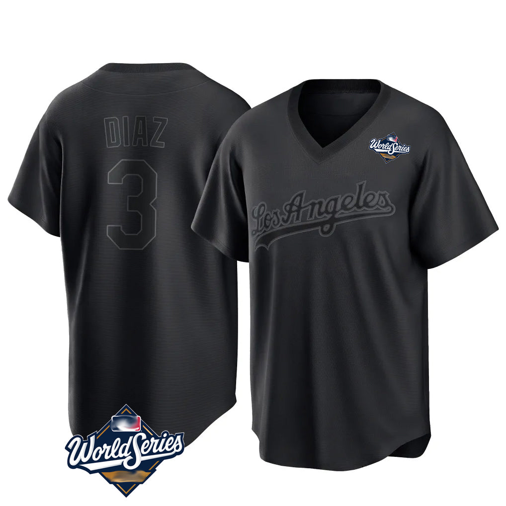 tocy LA.Dodgers #3 Edwin D¡§aaz Player Black World Series Pitch Fashion T-shirt Stitched Jerseys