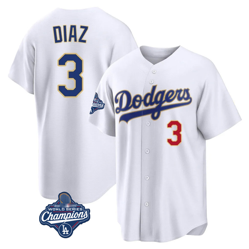 tocy LA.Dodgers #3 Edwin D¡§aaz Player Gold White World Series Meet 2026 Collection Stadium Limited Stitched Jerseys