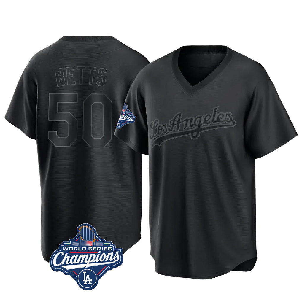 tocy LA.Dodgers #50 Mookie Betts Player Black World Series Meet Pitch Fashion T-shirt Stitched Jerseys