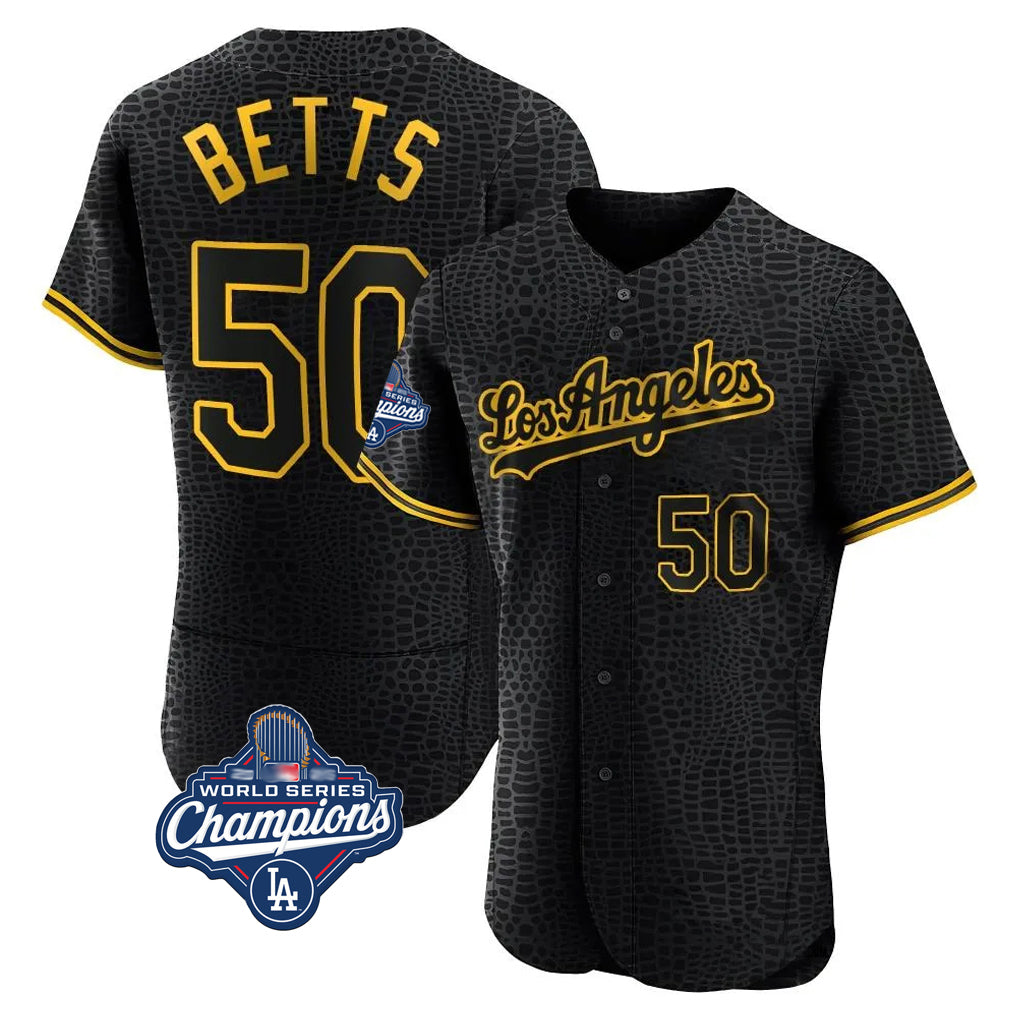 tocy LA.Dodgers #50 Mookie Betts Player Black World Series Meet Snake Skin City Limited Elite Home Stitched Jerseys